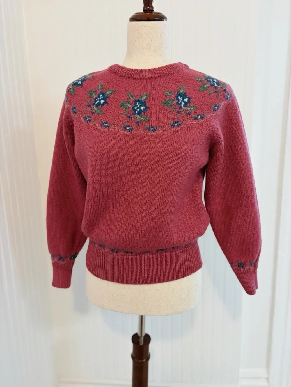 Charter Club Pink Crewneck Sweater with Blue & Green Floral Yoke